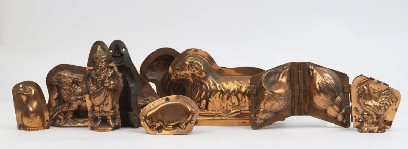 Four antique copper chocolate moulds plus three half moulds, 19th century, (7 items), ​the sheep 16cm high, 25cm wide