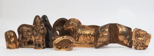Four antique copper chocolate moulds plus three half moulds, 19th century, (7 items), the sheep 16cm high, 25cm wide