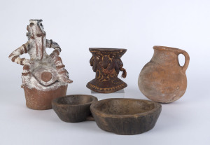 Pottery vessel and statue plus two carved wooden bowls, Papua New Guinea, the largest 29cm high