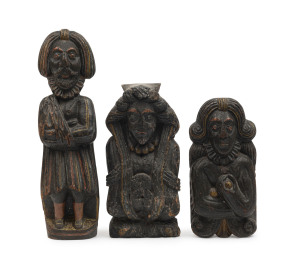 A priest (with arm in sling), a bride and a bridegroom, circa 1650s, antique figural carved oak pieces with remnant polychrome finish, 29cm, 22cm and 19cm high. Removed from a 17th century wedding chest created for a wealthy Catholic bride and groom. The