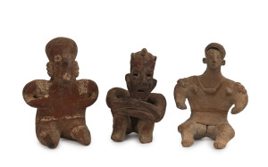 Three Aztec seated statues, terracotta with remains of painted finish, Mexico, pre-Columbian, ​12cm high