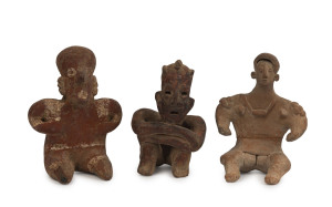 Three Aztec seated statues, terracotta with remains of painted finish, Mexico, pre-Columbian, 12cm high
