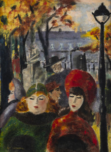Joseph GREENBERG (1923 - 2007) Scene in a Paris Street, oil on board, 1948, signed lower left, 30 x 23cm. "I painted this in 48-49 based on what I thought Paris looked like from looking at old Nat. Geographic magazine pictures. Joseph Brown, the Art Dealer (then a fashion manufacturer) had it hanging in his home for some years - wanted to buy it - but didn't want to pay my price!!!"