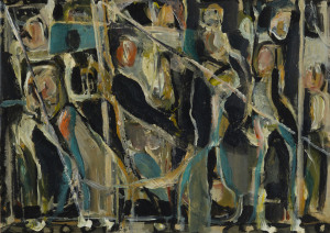 Joseph GREENBERG (1923 - 2007) On a crowded bus, oil on card, 32 x 45cm.