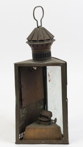 A triangular lantern, copper and brass (missing one glass), 19th century, 44cm high