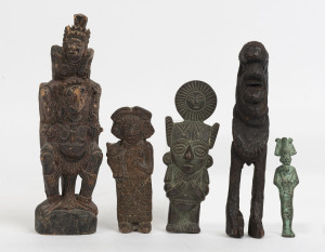 Five assorted ethnographic figures, pottery, bronze and carved wood, Egyptian, African, South East Asian and Mexican, the largest 21cm high