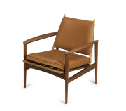 A vintage Danish style armchair, teak and tan leather, mid 20th century, ​webbing stamped "VIKING", 78cm high, 68cm wide