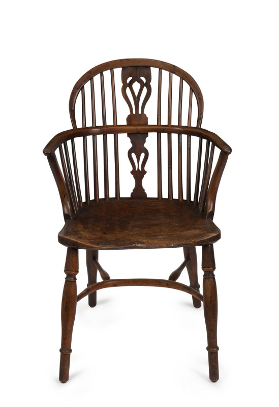 An antique English Windsor armchair with crinoline stretcher, elm, yew and beech, early 19th century, ​90cm high, 57cm across the arms