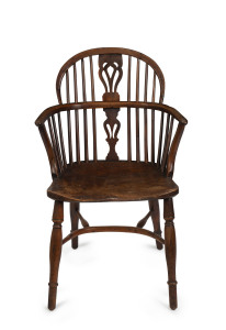 An antique English Windsor armchair with crinoline stretcher, elm, yew and beech, early 19th century, ​90cm high, 57cm across the arms