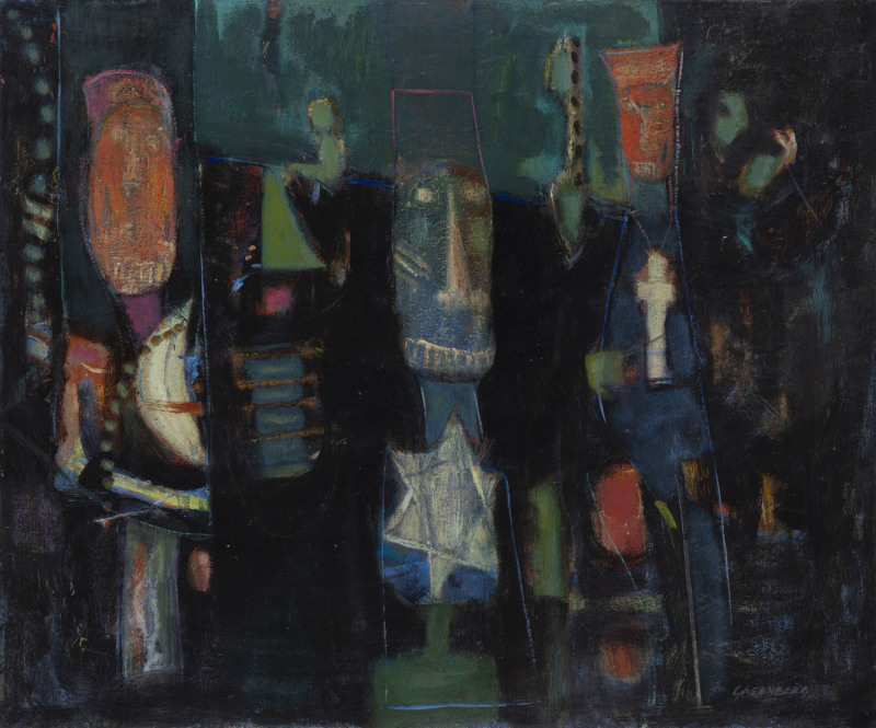 Joseph GREENBERG (1923 - 2007) An imam, a rabbi and a priest walked into a...... oil on canvas, signed lower right, 76 x 91cm.