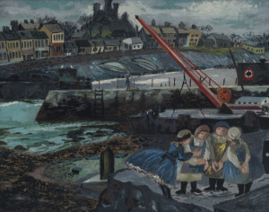 Joseph GREENBERG (1923 - 2007) A break for gossip, acrylic on card, signed and dated 1958 at lower right, 36 x 45cm. Endorsed verso "Painted in London from a sketch, Northern Ireland Easter, 1958".