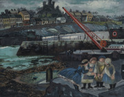 Joseph GREENBERG (1923 - 2007) A break for gossip, acrylic on card, signed and dated 1958 at lower right, 36 x 45cm. Endorsed verso "Painted in London from a sketch, Northern Ireland Easter, 1958".