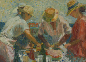 Joseph GREENBERG (1923 - 2007) The Picnic oil on artists board, signed verso, 35 x 46cm.