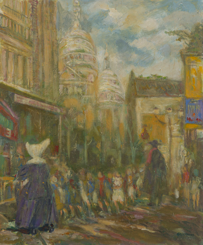 Joseph GREENBERG (1923 - 2007) Approaching Sacre Coeur, Paris, oil on canvas signed lower right, 91 x 76cm.