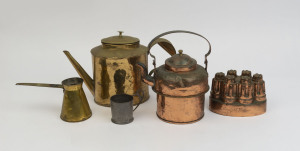 Antique copper jelly mould, copper and brass kettles, brass measure and a pewter cup, 19th and 20th century, (5 items), the largest 24cm high
