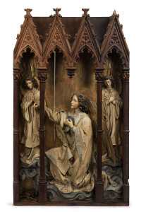 A stunning Flemish Gothic revival alter piece adorned with angels, carved oak with polychrome finish, 19th century, ​167cm high, 99cm wide, 22cm deep