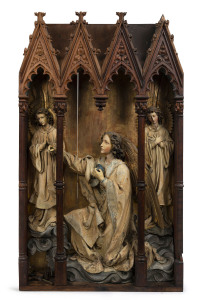 A stunning Flemish Gothic revival alter piece adorned with angels, carved oak with polychrome finish, 19th century, 167cm high, 99cm wide, 22cm deep