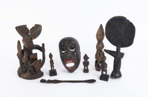 Tribal mask, statues, spoon etc, carved wood, African origin, the mask 21cm high
