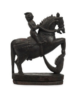 A statue of a horse and rider with horn, carved wood, 20th century, 27cm high, 21cm wide