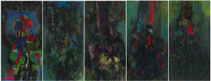 Joseph GREENBERG (1923 - 2007), The Old V.F.L. set of five panels, oil on board, labels verso, 148 x 78cm each