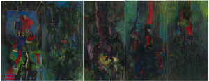 Joseph GREENBERG (1923 - 2007), The Old V.F.L. set of five panels, oil on board, labels verso, ​148 x 78cm each