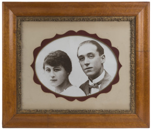 Two framed photograph portraits of Joseph Greenberg's parents in antique maple frames, the larger 63 x 74cm