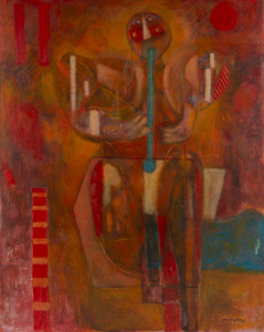 Joseph GREENBERG (1923 - 2007), untitled figure in orange, acrylic on board, signed lower right 153 x 121cm.