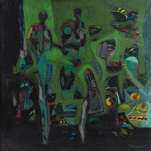 Joseph GREENBERG (1923 - 2007), untitled abstract, figures in green, acrylic on canvas, signed lower right 122 x 121cm.