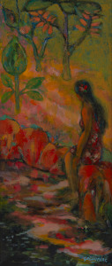 Joseph GREENBERG (1923 - 2007), woman in landscape, acrylic on board, signed lower right, 90 x 40cm.