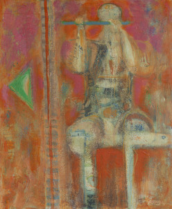 Joseph GREENBERG (1923 - 2007), untitled, abstract seated figure, acrylic on canvas, 91 x 67cm.