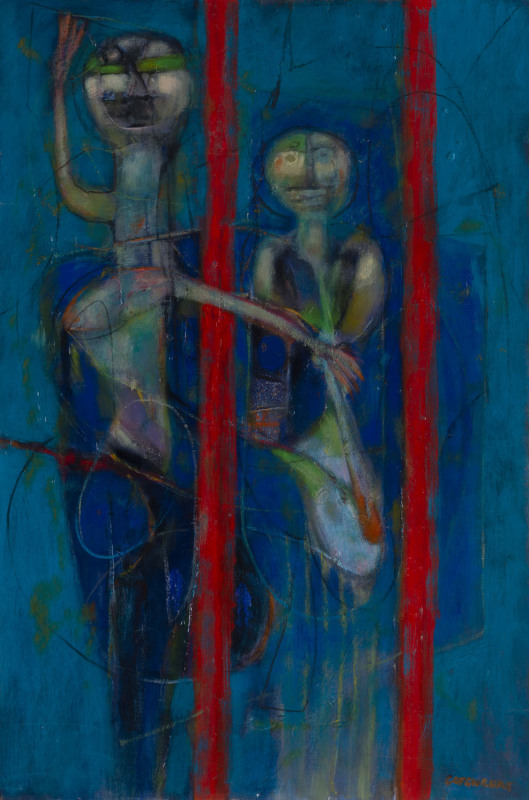 Joseph GREENBERG (1923 - 2007), two standing figures on blue ground, acrylic on canvas board, ​signed lower right 92 x 61cm