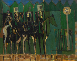 Joseph GREENBERG (1923 - 2007), The Four Horsemen, acrylic on canvas, signed lower right 101x 128cm.
