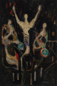 Joseph GREENBERG (1923 - 2007), figures on black ground, acrylic on canvas board, ​signed lower right 92 x 61cm