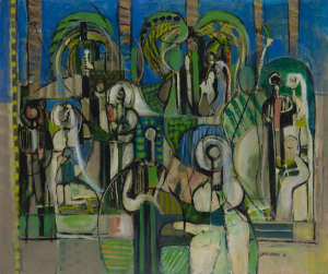 Joseph GREENBERG (1923 - 2007), untitled abstract figures in landscape, acrylic on board, signed lower right, 76 x 91cm