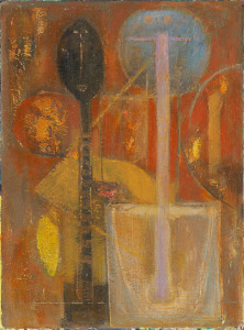 Joseph GREENBERG (1923 - 2007), abstract figures in orange, acrylic on board, 61 x 46cm