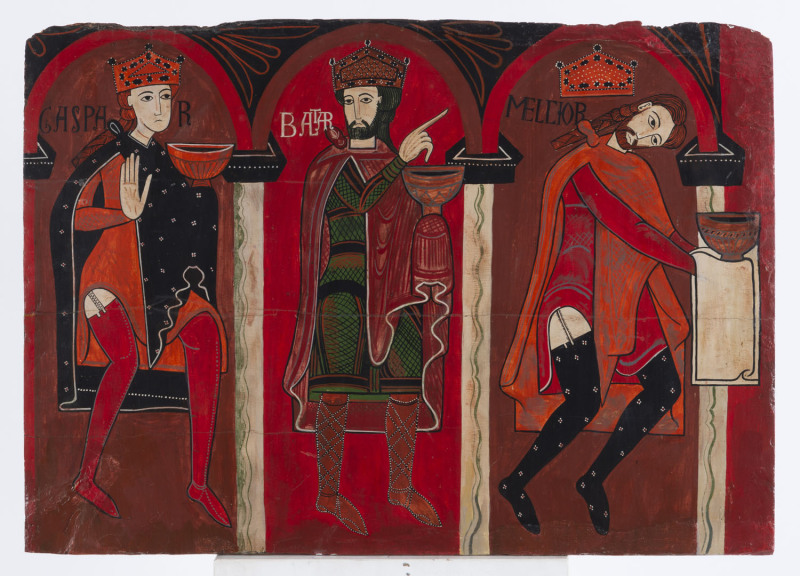 A religious scene, hand-painted on wooden panel, 20th century, based on the altar frontal from Sant Vicenc in Espinelves, 55 x 74cm