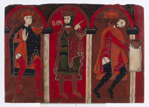 A religious scene, hand-painted on wooden panel, 20th century, based on the altar frontal from Sant Vicenc in Espinelves, 55 x 74cm