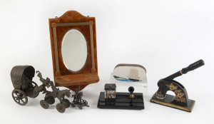 Indian bronze statue, embossing machine, desk set, wall shelf and painted box, 19th and 20th century, the shelf 35cm high