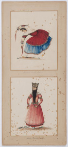 A pair of antique Persian watercolours titled "Shah Abbas (King)" and "Persian Female Dancing", together with a pair of lithographic Royal portraits, antique lithograph of Captain Cook's landing and Baden-Powell's "Defence of Mafeking" (5 items in 4 mounts), the Royal portraits 50 x 35cm each