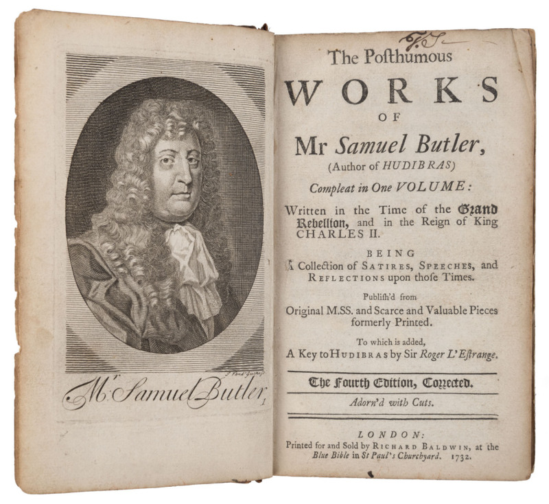 Samuel BUTLER (1630 - 1680), The Posthumous Works Of Mr Samuel Butler Compleat In One Volume, [Richard Baldwin; London, 1732]; "Adorn'd with cuts". Full calf boards. 336pp. With ownership inscription of F. Staunton, London, July 1st, 1738.