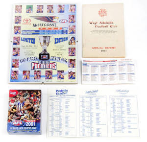 FOOTBALL COLLECTABLES: Box including fixtures, ephemera, programmes, badges, rosettes; West Adelaide annual reports (5); 2005 West Adelaide Hall of Fame cards [26]; AFL Team 2001 Starter Deck; West Coast 2006 Premiers souvenir. Inspection will reward.