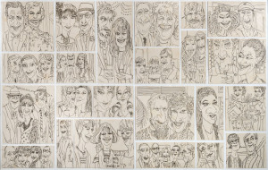 Joseph GREENBERG (1923 - 2007), (for The Social Page?), a series of pen and ink caricatures affixed to a backing board in a rectangular shape, overall 47 x 74cm.