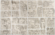 Joseph GREENBERG (1923 - 2007), (for The Social Page?), a series of pen and ink caricatures affixed to a backing board in a rectangular shape, overall 47 x 74cm.