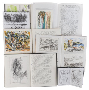 JOSEPH GREENBERG'S TRAVEL DIARIES, NOTEBOOKS, SKETCH-BOOKS, etc.: Italy and Greece 1970 Whitsunday Passage 1985 Alice Springs, the Kimberley, Darwin 1986 Flinders Island 1986-87 Cairns, Cape York, Thursday Island 1987 Hume Highway, Sydney 1988 England, Norway, Northern Ireland 1990 Gippsland, Wilsons Prom 1991 Queensland, 1992 Flinders Island 1993 Flinders Island 2003 & Norfolk Island 2004 Norfolk Island 2004 and 2006 comprising of 100s of pages of handwritten observations, anecdotes, remembered