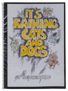 AN UNFINISHED PROJECT: Clearly inspired by his love of Ronald Searle's books, Joe had done a considerable amount of work towards a book of his own. It was to be titled "It's Raining Cats and Dogs" and this lot comprises the volume into which he placed his finished artwork, with each double page spread depicting his quirky interpretation of an English word or phrase that includes "Cat...." or "Dog....". Some examples include "Catacomb", "Dogs Body", "Dog-Collar" and "Category".