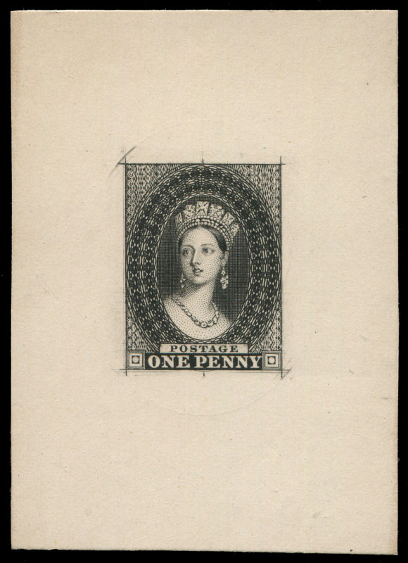 TASMANIA : TASMANIA: DIE PROOFS: 1855 Chalon Heads 1d progressive die proof, prior to engraving of "VAN DIEMENS LAND", in black on stout card (48x68mm), extension of framelines on all sides with traces of additional framelines most noticeably at left, wit