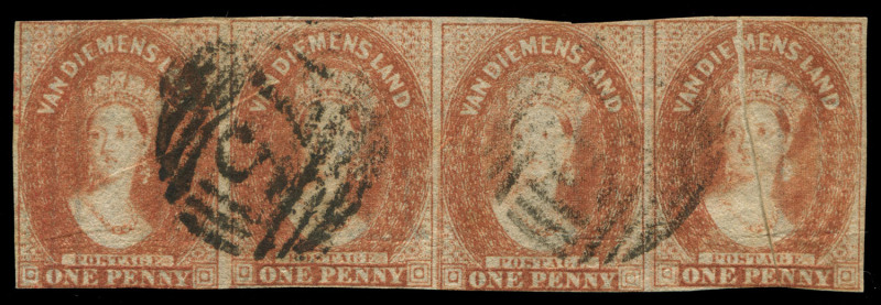 TASMANIA : TASMANIA: 1857-67 (SG.27) 1d brick-red strip of 4, margins shaved/cut-into slightly in places, the fourth unit with impressive "Pre-printing paper fold", the first unit with vertical marginal watermark lines, BN '75' cancels of Hobart.