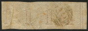 TASMANIA : TASMANIA: 1857-67 (SG.27) 1d brick-red strip of 4, margins shaved/cut-into slightly in places, the fourth unit with impressive "Pre-printing paper fold", the first unit with vertical marginal watermark lines, BN '75' cancels of Hobart. - 2