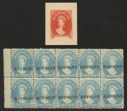 TASMANIA : TASMANIA: REPRINTS: 1886 perforated 4d Chalon marginal block of 10 (5x2) on Thick Paper, full unmounted o.g., also single imperforate die proof in carmine, without denomination with Blank Tablet & No Frame at Base. (2 items)