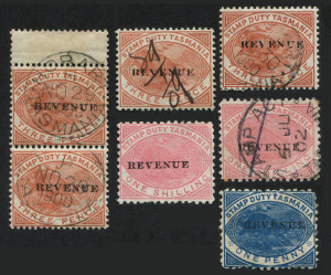 TASMANIA - Revenues : TASMANIA - Revenues: 1860s-1900 Revenues selection with 10/- George & Dragon with fake postal cancel, Platypus Series 1880 1d blue (10) several postally used incl. pair plus mint single, 3d (5) one mint others postally used, 6d (6) p